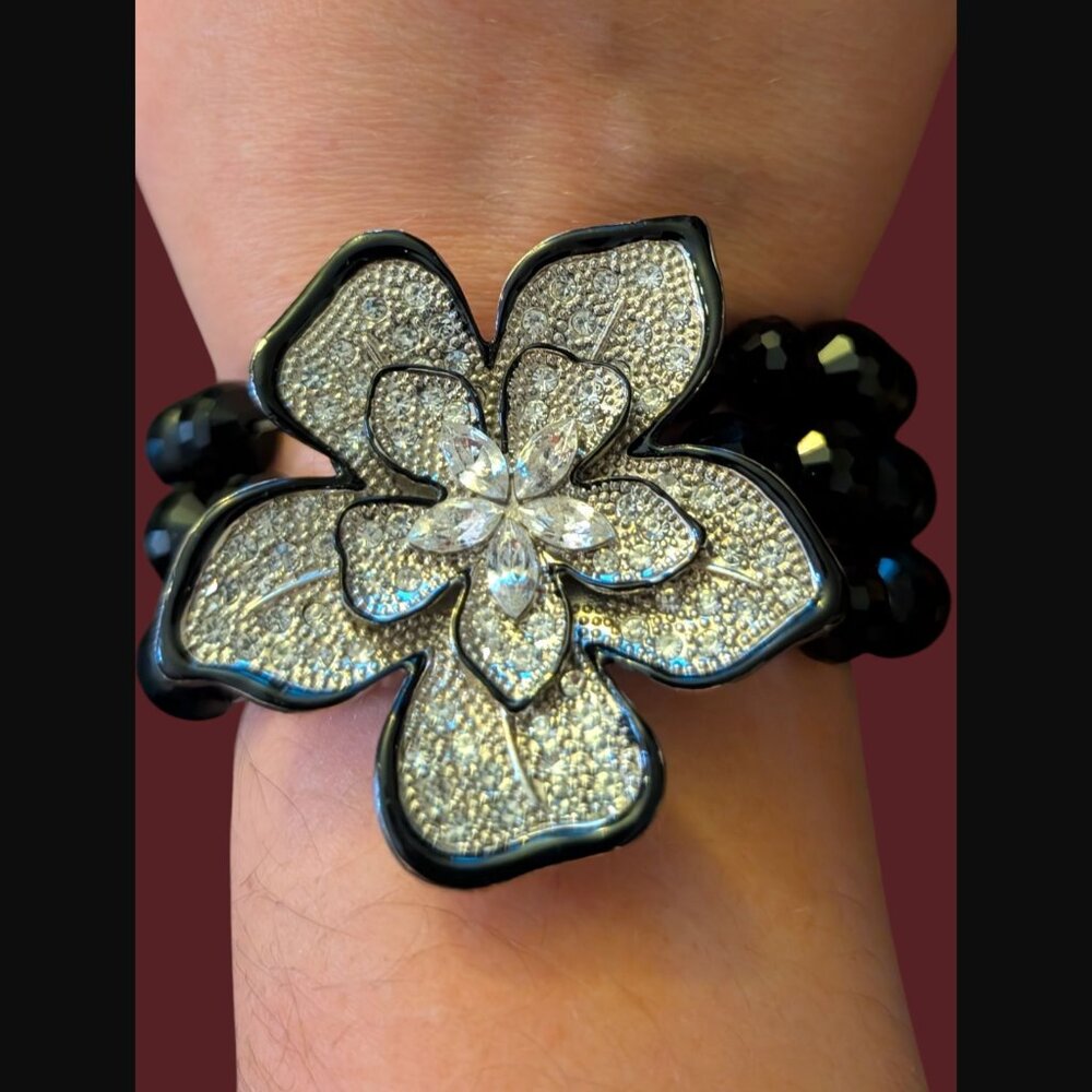 Large Flower Black Enamel Clear Crystal Silver Triple Strand Glass Bead Bracelet